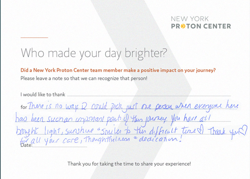 Comment card with handwritten positive patient testimonial