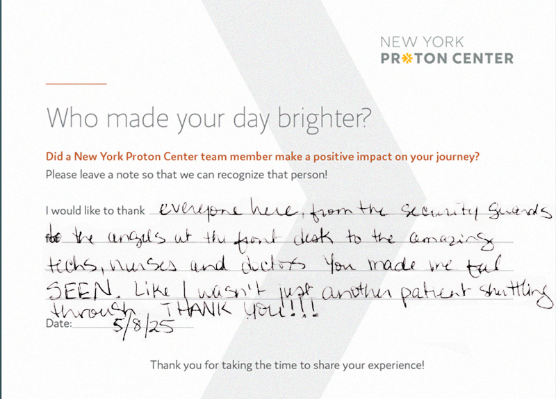 Comment card with handwritten positive patient testimonial from a May 8, 2025 visit