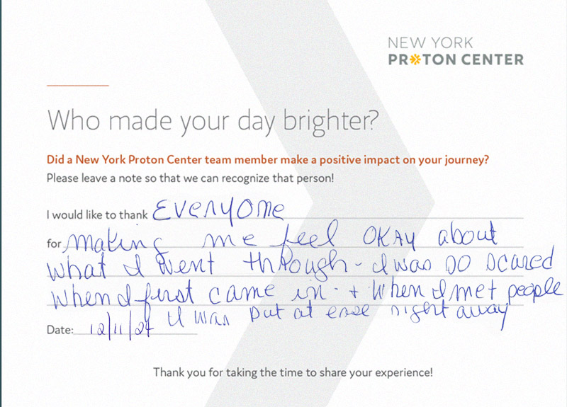Comment card with handwritten positive patient testimonial
