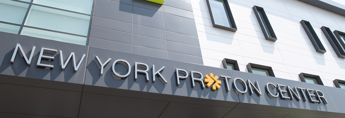 A close up view of the New York Proton Center exterior awning