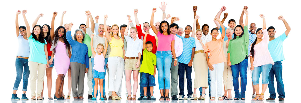 A crowd of happy children raising their arms in celebration, displaying unity and excitement.