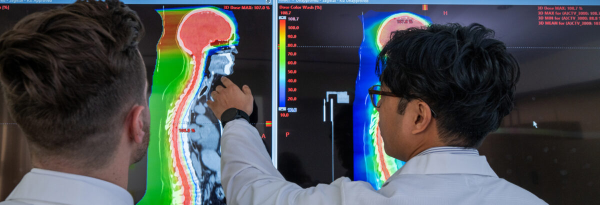 Rear view of two physicians reviewing and pointing to imaging charts on a large screen.