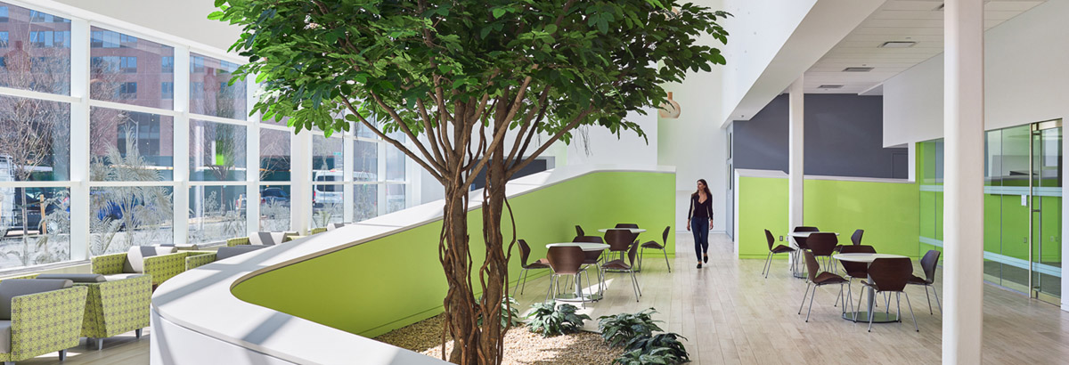 A woman walking in the lobby of the New York Proton Center